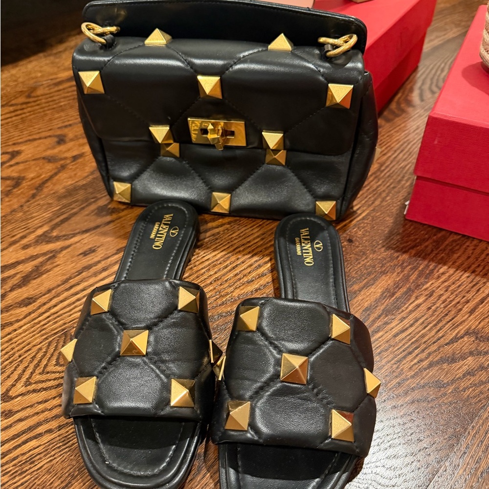 Valentino Black Quilted Rockstud Slide Sandals & Matching Bag